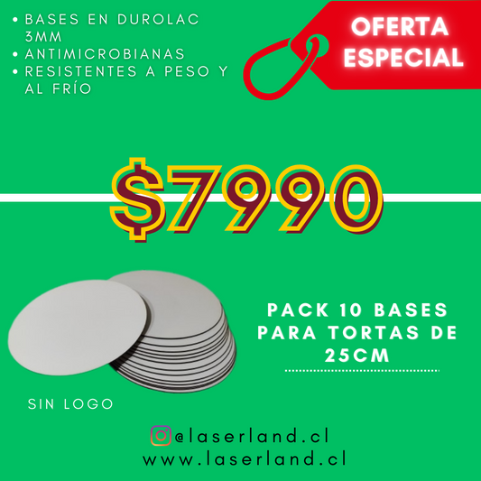 Pack 10 bases para torta de 25cm SIN LOGO